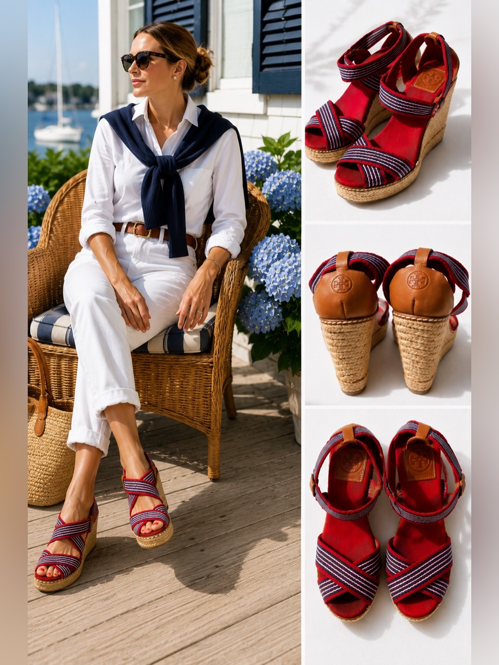 Tory Burch Red Navy Stripe Espadrille Wedge Sandals Size 8 Nautical Americana